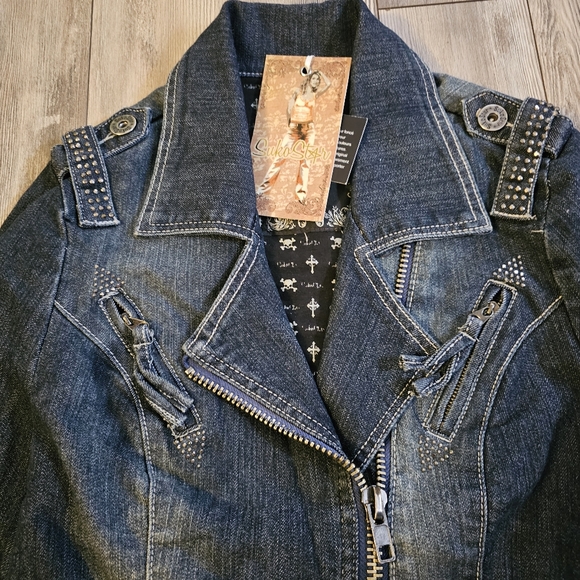 NEW Vintage Y2K ★ SUKO Jeans ★ AMAZING Zipper Jean Jacket with Black Rhinestones - Picture 6 of 17